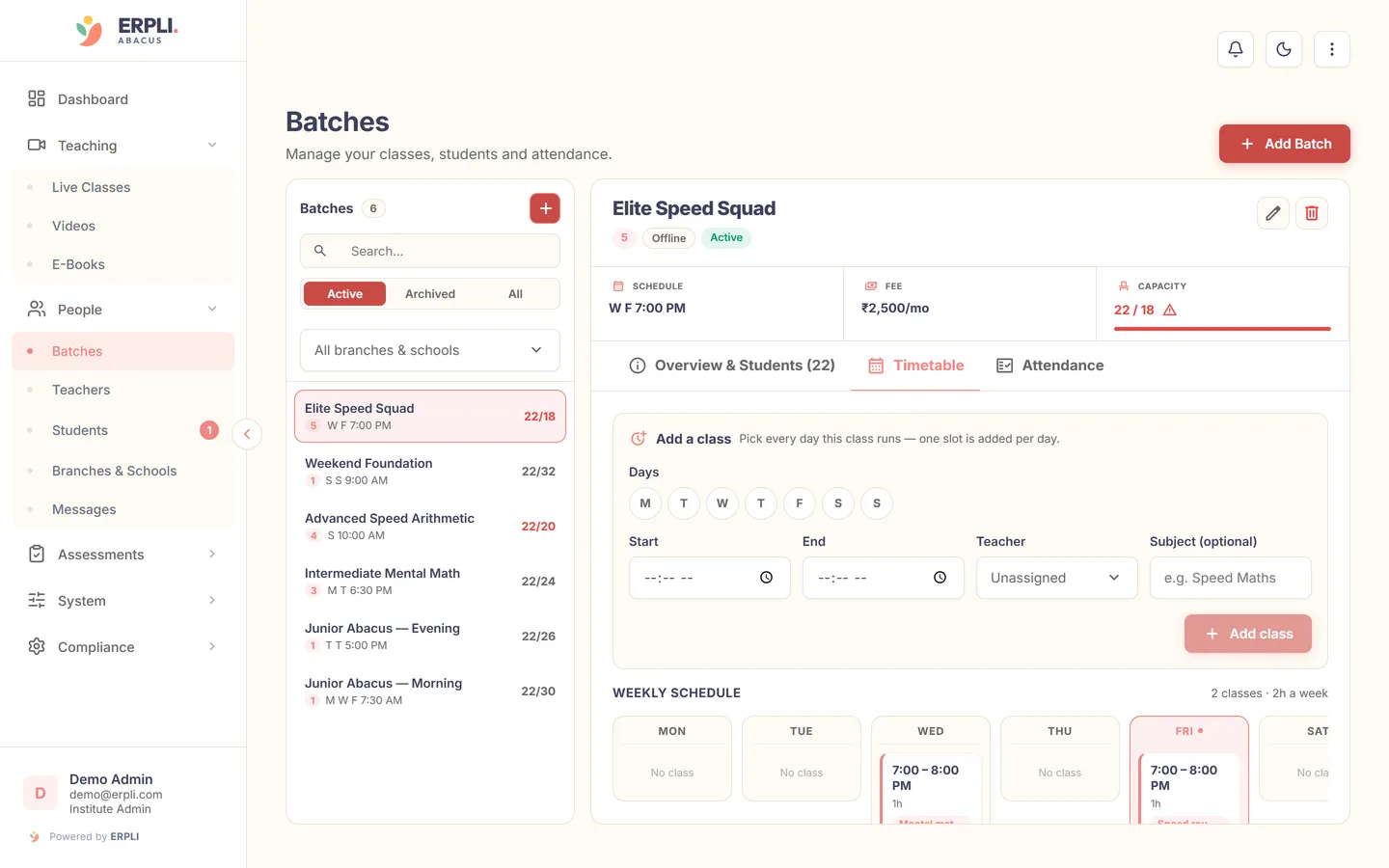 ERPLI Abacus — Weekly timetable: add class slots per day and assign a teacher