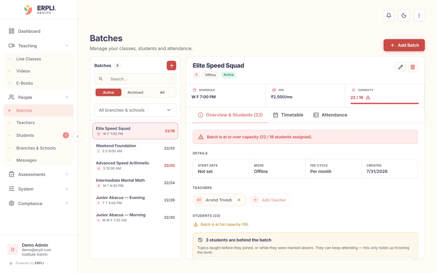ERPLI Abacus — Admin panel: batch overview with schedule, fee, capacity and assigned teacher