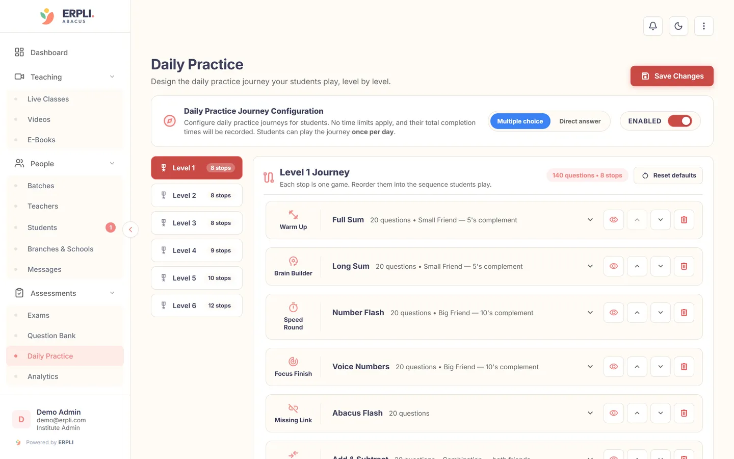 ERPLI Abacus — Admin panel: design each level's daily journey, reorder stops and set formulas