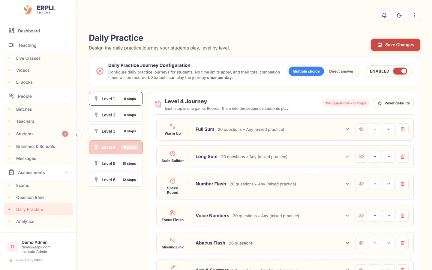 ERPLI Abacus — Admin panel: higher levels get longer journeys with mixed practice