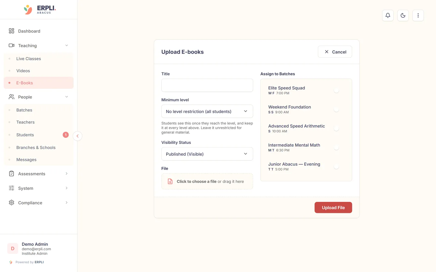 ERPLI Abacus — Upload a book, set a minimum level and visibility, and assign it to batches