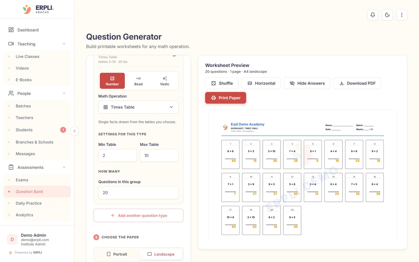 ERPLI Abacus — Switch layouts — portrait, landscape or horizontal sums