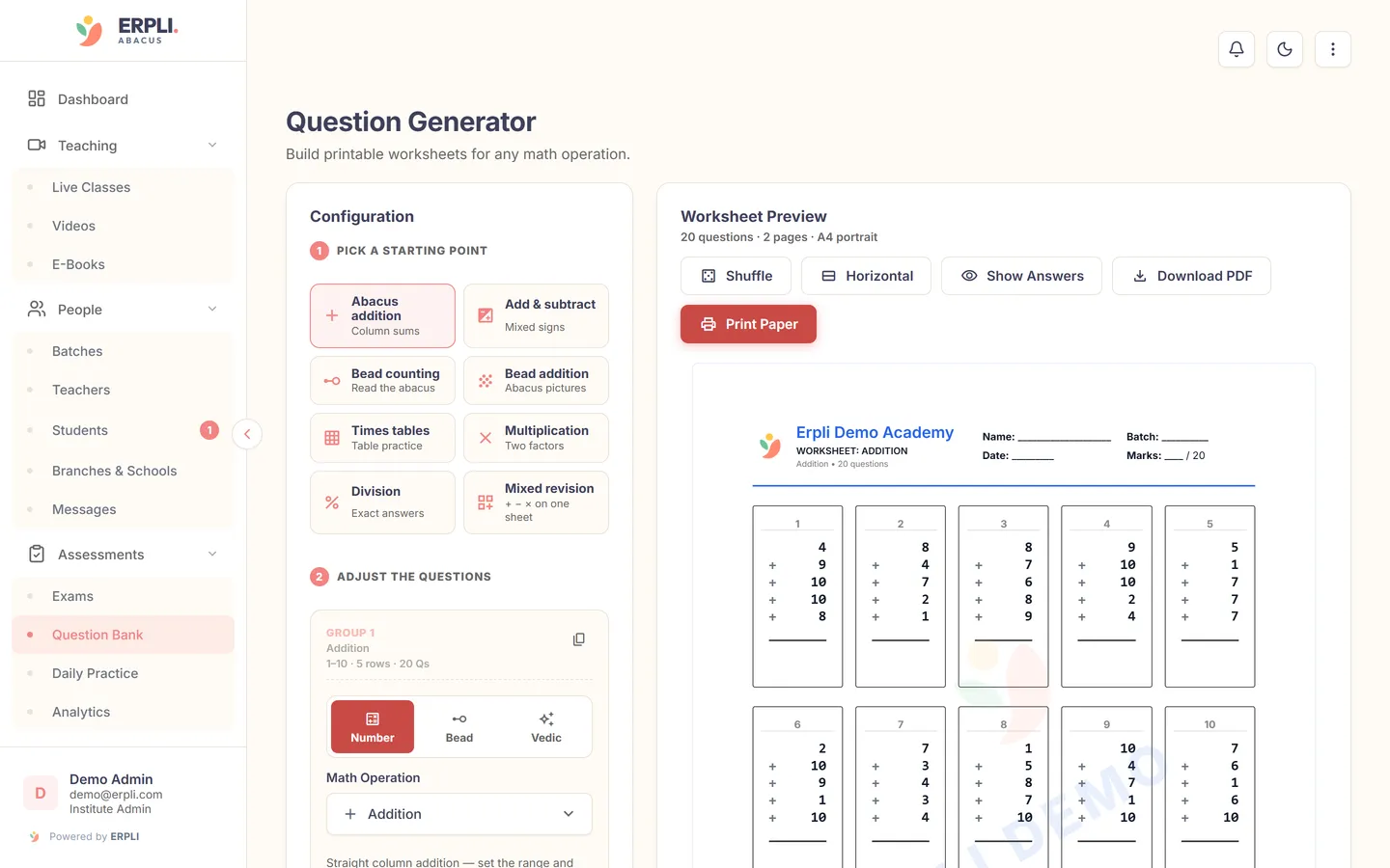ERPLI Abacus — Admin panel: configure an addition worksheet and see the A4 preview live