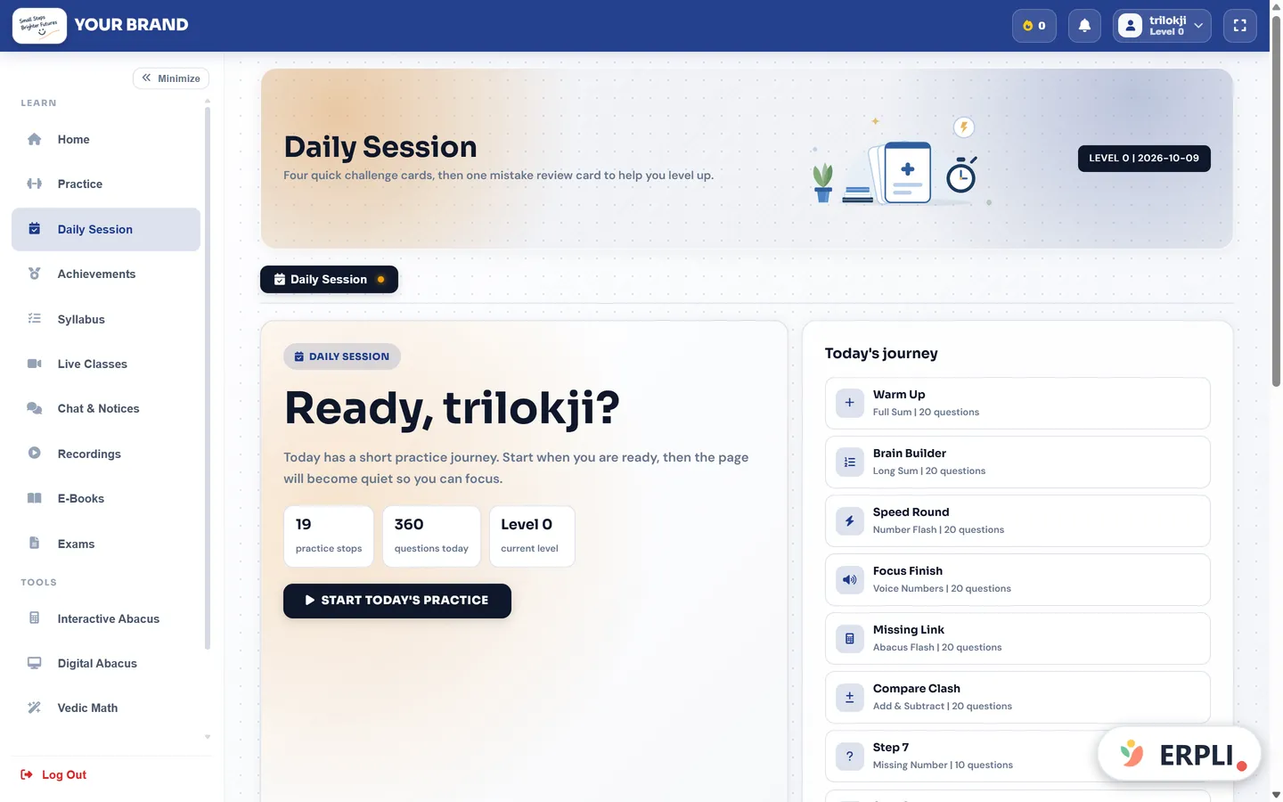 ERPLI Abacus — Student panel: today's daily practice journey with stops like Warm Up, Speed Round and Focus Finish