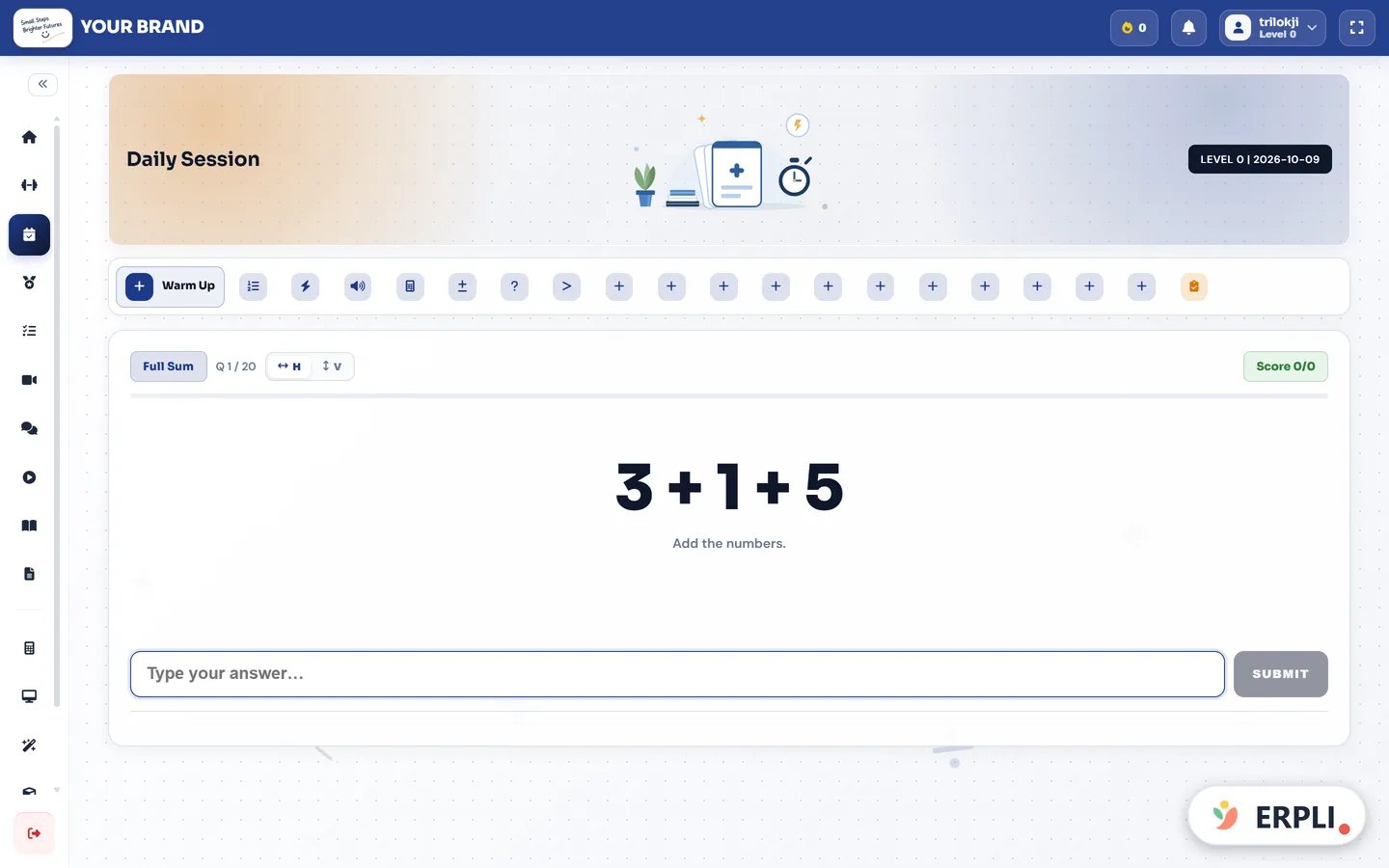 ERPLI Abacus — Student panel: a distraction-free daily practice question with a live score