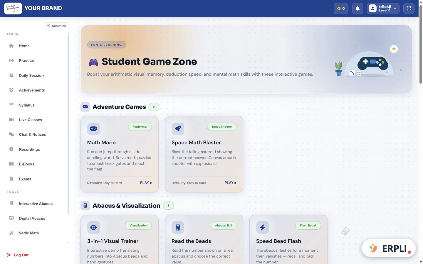 ERPLI Abacus — Student panel: mental flash games used as stops in the daily journey