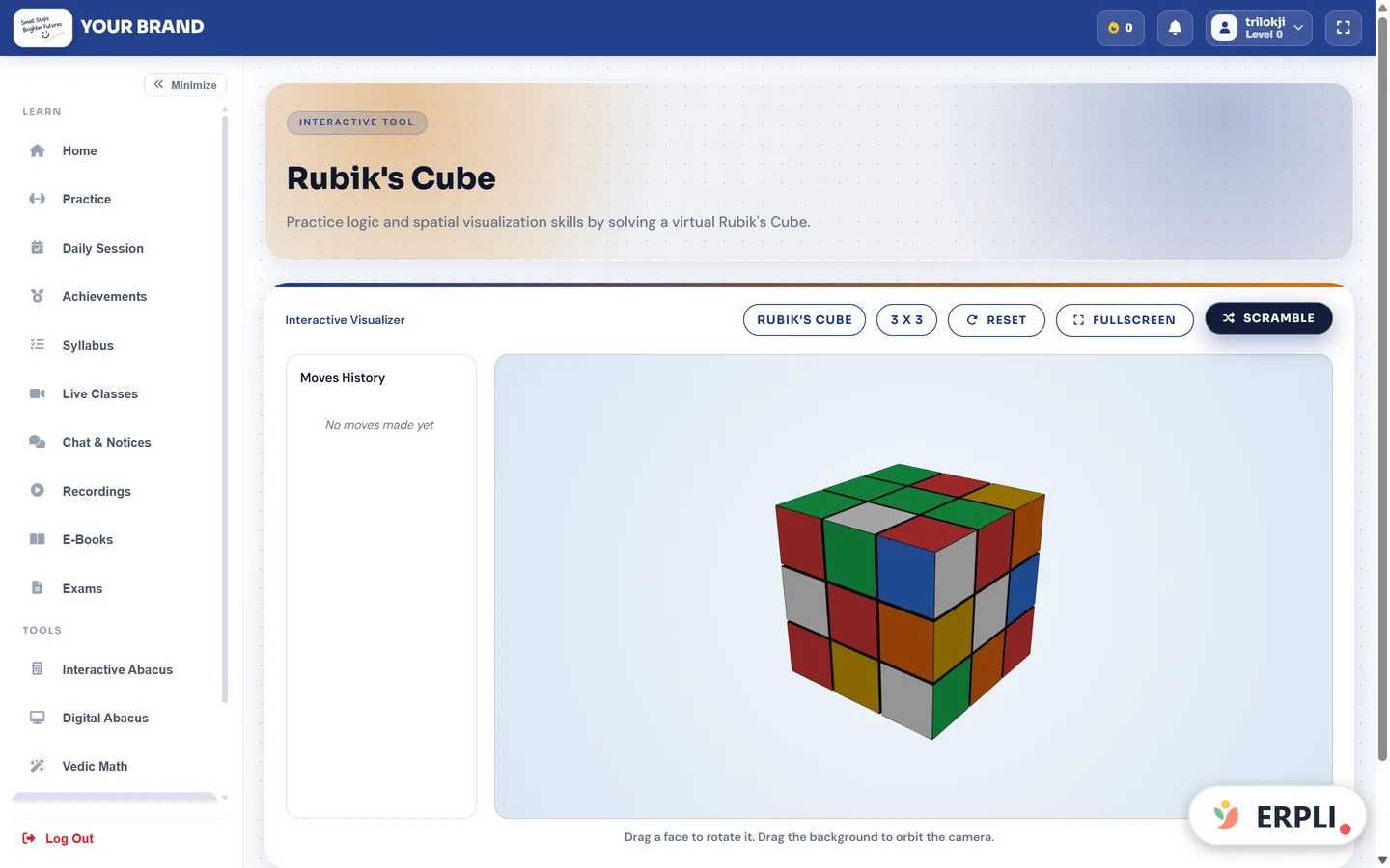ERPLI Abacus — Student panel: 3D Rubik's Cube with scramble, reset, fullscreen and moves history