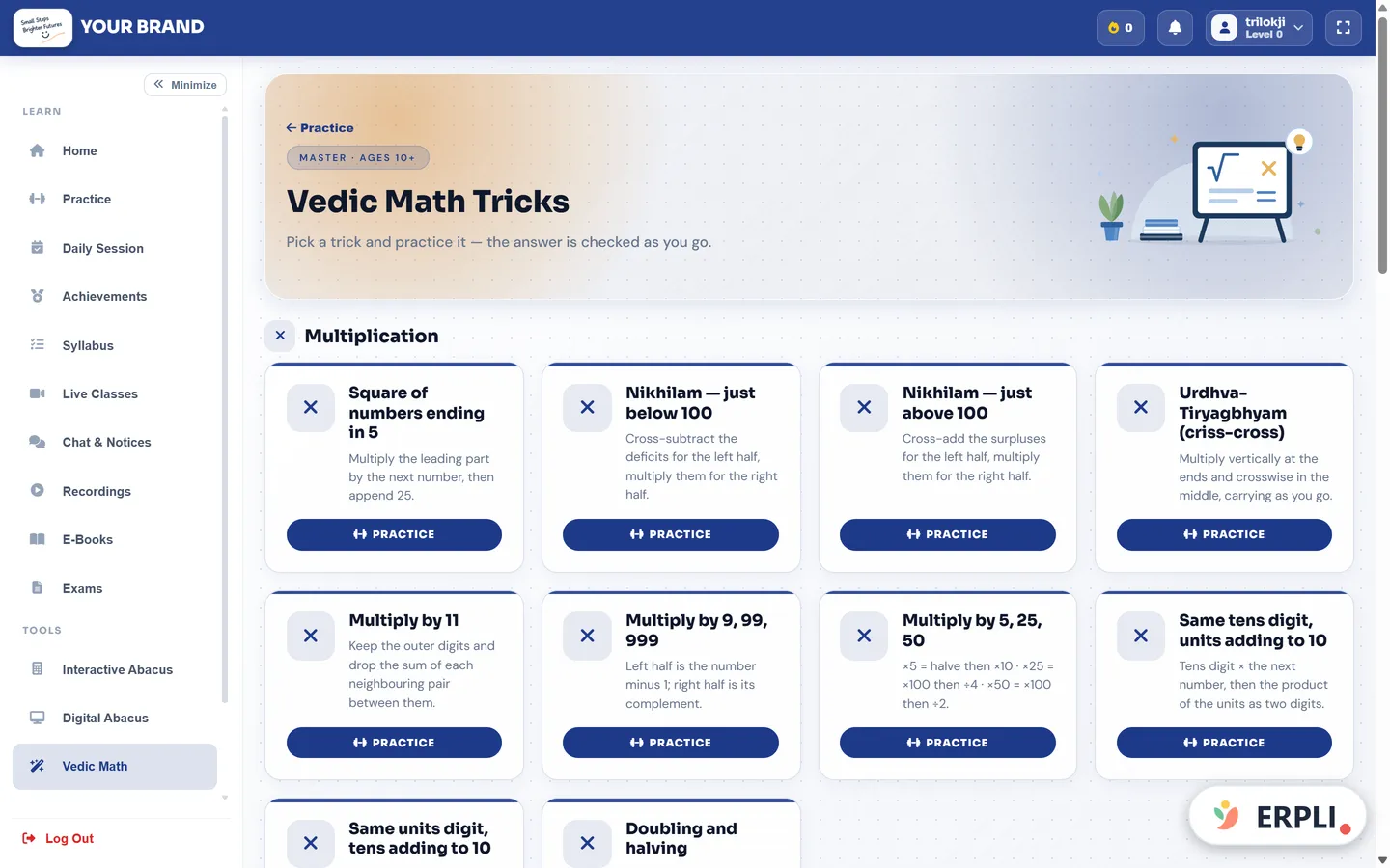 ERPLI Abacus — Student panel: Vedic Math tricks grouped by operation, each with a Practice button