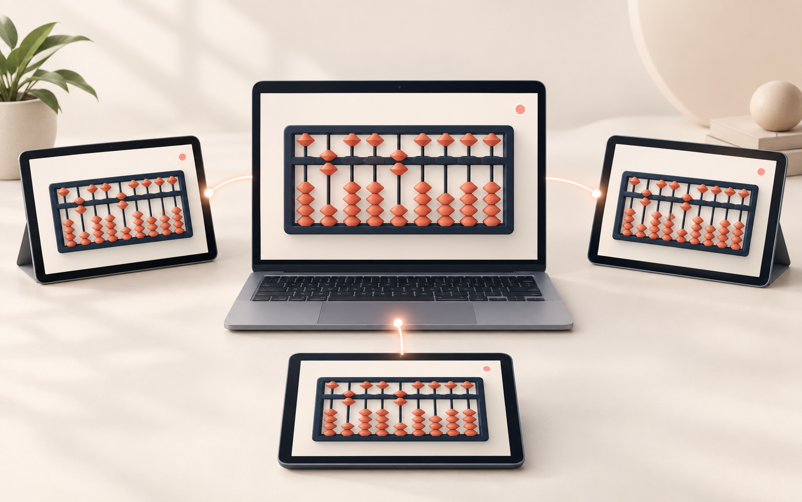 A teacher laptop synchronizing the same digital Soroban bead positions across student tablets